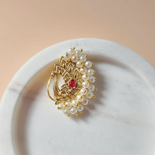Ally Maharashtrian Red Peacock Gold Nath (no piercing needed) - ECLAT INDIAN JEWELSNose Ring (Nath)Red