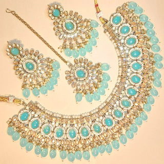 Alyssa Light Blue Polki Necklace Set with Tikka - ECLAT INDIAN JEWELSNecklace SetsBlue