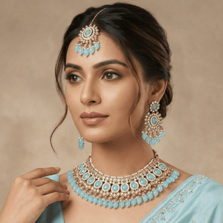 Alyssa Light Blue Polki Necklace Set with Tikka - ECLAT INDIAN JEWELSNecklace SetsBlue