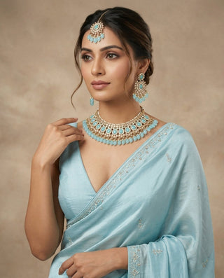 Alyssa Light Blue Polki Necklace Set with Tikka - ECLAT INDIAN JEWELSNecklace SetsBlue