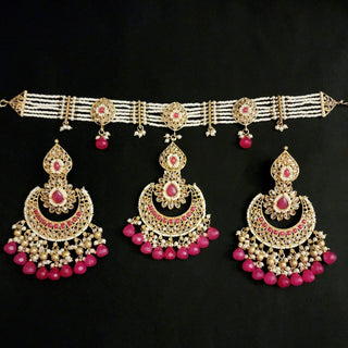 Alyssa Pink Sheesh Phool Earrings Polki Tikka Set - ECLAT INDIAN JEWELSTikka SetsPink