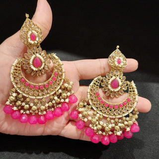 Alyssa Pink Sheesh Phool Earrings Polki Tikka Set - ECLAT INDIAN JEWELSTikka SetsPink