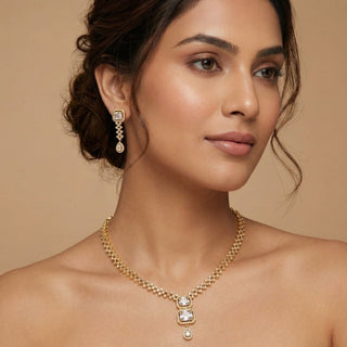 Amy Gold Diamond Simulant Necklace Set - ECLAT INDIAN JEWELSNecklace SetsGold