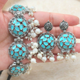 Andrea Light Blue German Silver Necklace Set - ECLAT INDIAN JEWELSNecklace SetsBlue