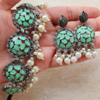 Andrea Light Green German Silver Necklace Set - ECLAT INDIAN JEWELSNecklace SetsGreen