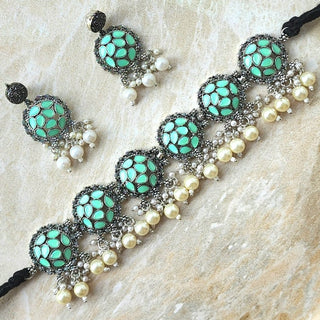 Andrea Light Green German Silver Necklace Set - ECLAT INDIAN JEWELSNecklace SetsGreen