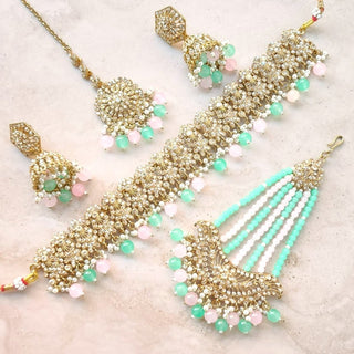 Anushka Mint Green & Pastel Pink Choker Necklace Set with Tikka & Passa - ECLAT INDIAN JEWELSNecklace SetsGreen