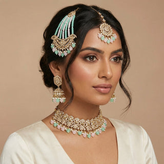 Anushka Mint Green & Pastel Pink Choker Necklace Set with Tikka & Passa - ECLAT INDIAN JEWELSNecklace SetsMulticolor