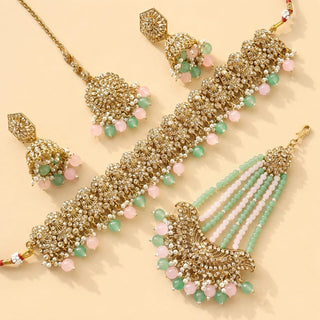 Anushka Mint Green & Pastel Pink Choker Necklace Set with Tikka & Passa - ECLAT INDIAN JEWELSNecklace SetsMulticolor