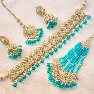 Anushka Teal Blue Polki Choker Necklace Set with Tikka & Passa - ECLAT INDIAN JEWELSNecklace SetsBlue