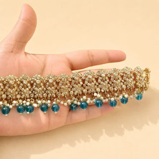Anushka Teal Blue Polki Choker Necklace Set with Tikka & Passa - ECLAT INDIAN JEWELSNecklace SetsBlue