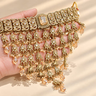 Araminta gold finish polki bridal choker necklace set champagne peach stone details with 9.5 cm matching earrings and maang tikka photo 2