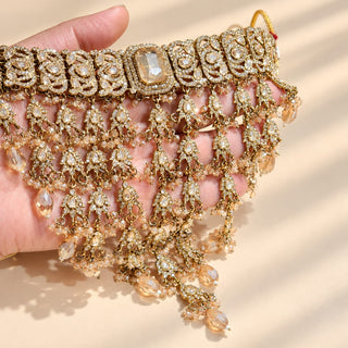 Araminta gold finish polki bridal choker necklace set champagne peach stone details with 9.5 cm matching earrings and maang tikka photo 3