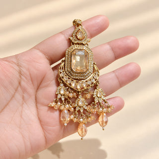 Araminta gold finish polki bridal choker necklace set champagne peach stone details with 9.5 cm matching earrings and maang tikka photo 4