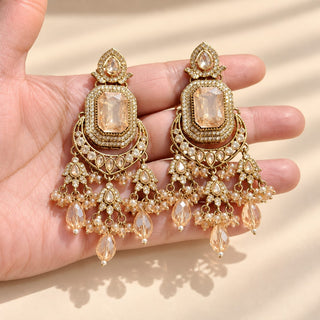 Araminta gold finish polki bridal choker necklace set champagne peach stone details with 9.5 cm matching earrings and maang tikka photo 5