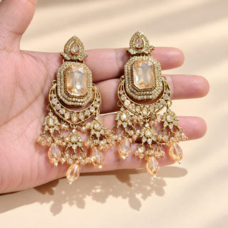 Araminta gold finish polki bridal choker necklace set champagne peach stone details with 9.5 cm matching earrings and maang tikka photo 7