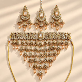 Araminta gold finish polki bridal choker necklace set champagne peach stone details with 9.5 cm matching earrings and maang tikka photo 8