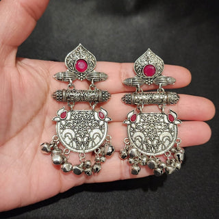 Arielle Red German Silver Ghungroo Earrings - ECLAT INDIAN JEWELSEarringsSilver