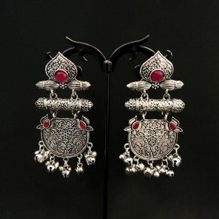 Arielle Red German Silver Ghungroo Earrings - ECLAT INDIAN JEWELSEarringsSilver