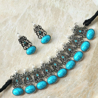 Audrey German Silver Light Blue Necklace Set - ECLAT INDIAN JEWELSNecklace SetsOxidised Silver