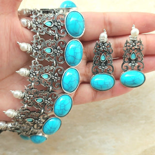 Audrey German Silver Light Blue Necklace Set - ECLAT INDIAN JEWELSNecklace SetsOxidised Silver