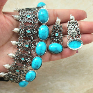 Audrey German Silver Light Blue Necklace Set - ECLAT INDIAN JEWELSNecklace SetsOxidised Silver