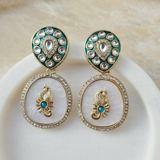 Ayesha Kundan Teal Blue Peacock Mother of Pearl Earrings - ECLAT INDIAN JEWELSEarringsBlue