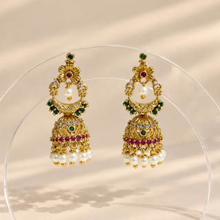 Florence multicolour Kemp mini jhumka earrings gold finish red green stones pearl drops