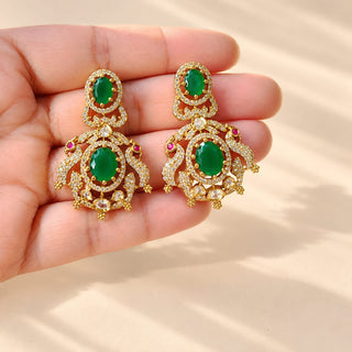 Beatrix dark green CZ cubic zirconia diamond simulant gold finish Indian necklace set with matching 3.5 cm earrings – product photo 1
