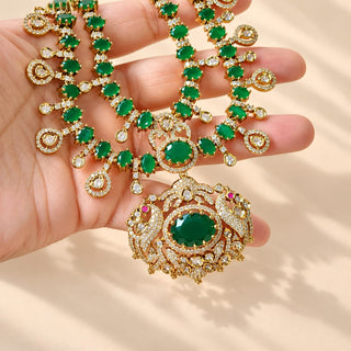 Beatrix dark green CZ cubic zirconia diamond simulant gold finish Indian necklace set with matching 3.5 cm earrings – product photo 2