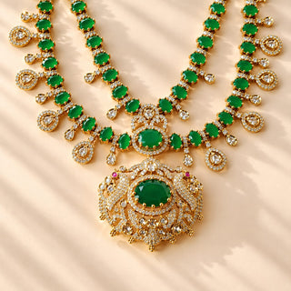 Beatrix dark green CZ cubic zirconia diamond simulant gold finish Indian necklace set with matching 3.5 cm earrings – product photo 3