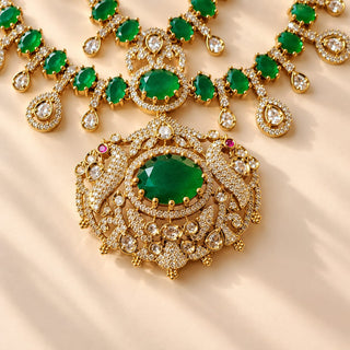 Beatrix dark green CZ cubic zirconia diamond simulant gold finish Indian necklace set with matching 3.5 cm earrings – product photo 4