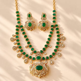 Beatrix dark green CZ cubic zirconia diamond simulant gold finish Indian necklace set with matching 3.5 cm earrings – product photo 5