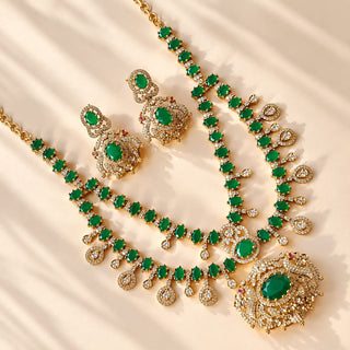 Beatrix dark green CZ cubic zirconia diamond simulant gold finish Indian necklace set with matching 3.5 cm earrings – product photo 6