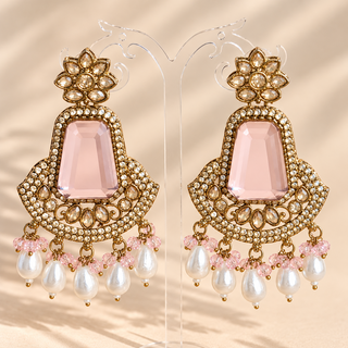 Beatrix light pink polki gold finish earrings with faceted blush pink stones pink beads and white pearl drops