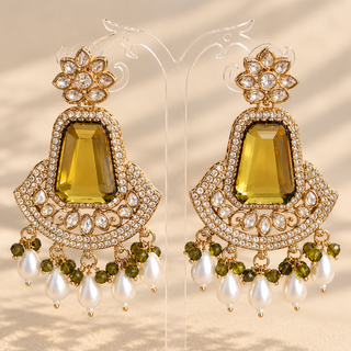 Beatrix mehndi green polki gold finish earrings with olive green centre stones, sparkling clear stones and pearl drops