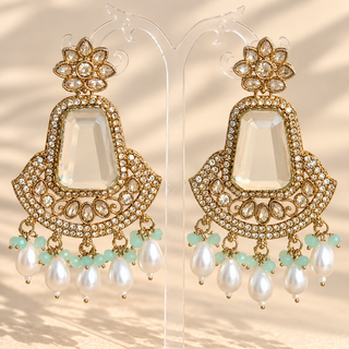 Beatrix mint green polki earrings gold finish clear stones mint green beads and white pearl drops on stand