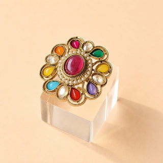 Beatrix Multicolour Polki Victorian Gold Finish Adjustable Ring - ECLAT INDIAN JEWELSRing JewelleryGold