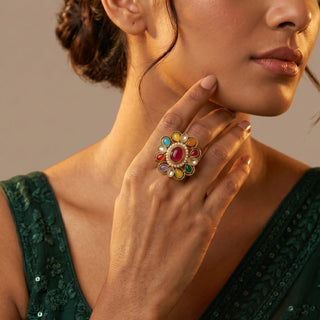 Beatrix Multicolour Polki Victorian Gold Finish Adjustable Ring - ECLAT INDIAN JEWELSRing JewelleryGold