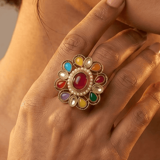 Beatrix Multicolour Polki Victorian Gold Finish Adjustable Ring - ECLAT INDIAN JEWELSRing JewelleryGold
