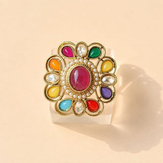 Beatrix Multicolour Polki Victorian Gold Finish Adjustable Ring - ECLAT INDIAN JEWELSRing JewelleryGold