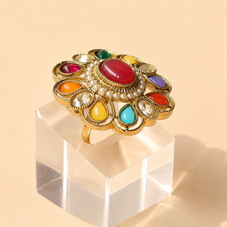 Beatrix Multicolour Polki Victorian Gold Finish Adjustable Ring - ECLAT INDIAN JEWELSRing JewelleryGold