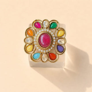 Beatrix Multicolour Polki Victorian Gold Finish Adjustable Ring - ECLAT INDIAN JEWELSRing JewelleryGold