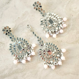 Beatrix Pastel Pink Mirror Tikka Set - ECLAT INDIAN JEWELSTikka SetsPink