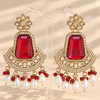 Beatrix red polki gold finish statement earrings with red centre stones, clear polki style stones and white pearl drops