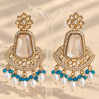 Beatrix teal blue polki gold finish earrings with translucent faceted stones blue beads and white pearl drops