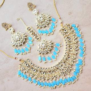 Becca Light Blue Kundan Necklace Set with Tikka - ECLAT INDIAN JEWELSNecklace SetsBlue
