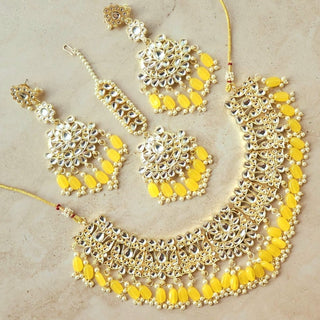 Becca Yellow Kundan Necklace Set with Tikka - ECLAT INDIAN JEWELSNecklace SetsYellow
