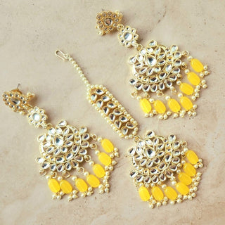 Becca Yellow Kundan Necklace Set with Tikka - ECLAT INDIAN JEWELSNecklace SetsYellow