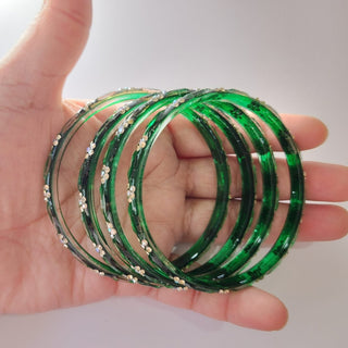 Belle Deep Green Textured Glass Bangles (Set of 4) (2.6, 2.8) - ECLAT INDIAN JEWELSBangle, Kadas & Bracelets2.6